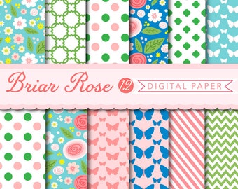 Flower Digital Paper with roses, butterflies, green, blue, azure, pink Instant download