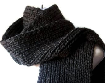 Pure Merino Wool Chunky Knit Scarf Charcoal Black ALLIE Men Woman - Ready to Ship