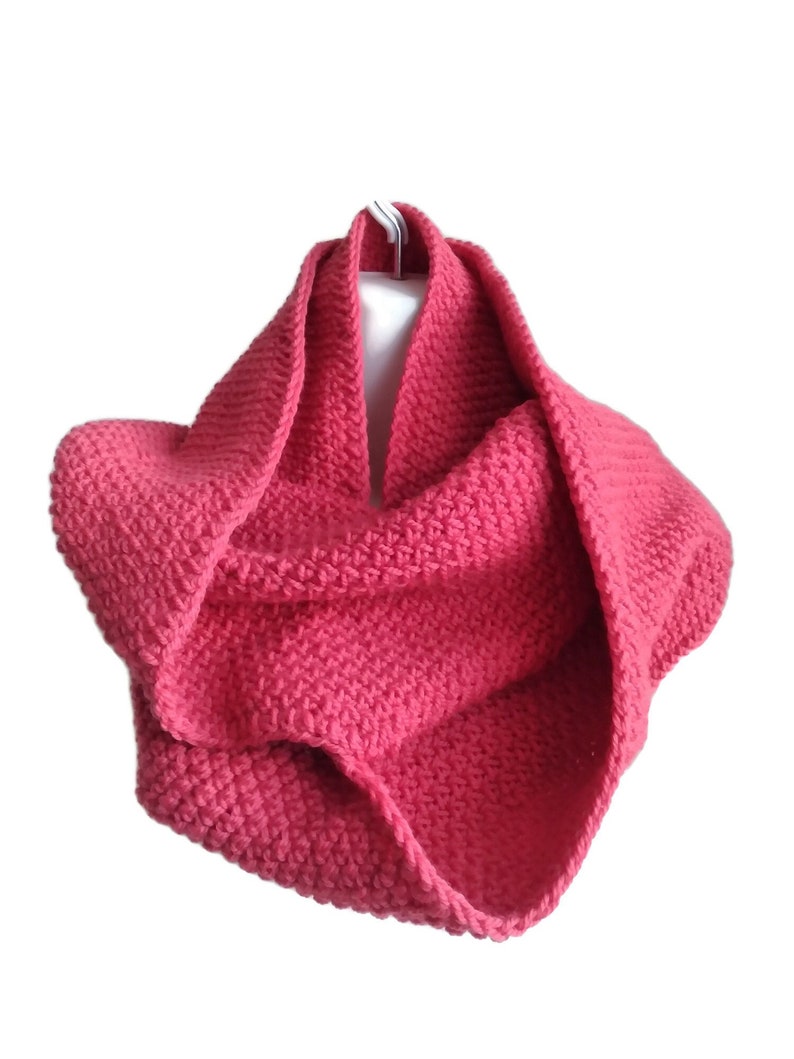 Pure Wool circle scarf in pink currant handmade by smitten kitten originals knits