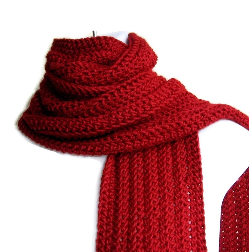 red scarf in pure  wool or acrylic by smitten kitten originals