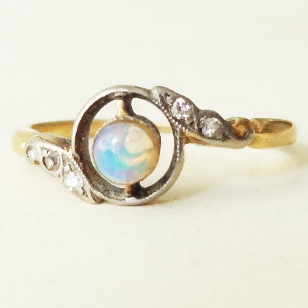 Art Deco Opal, Diamond , Platinum and 18k Gold Halo Engagement Ring Approx Size US 6.5