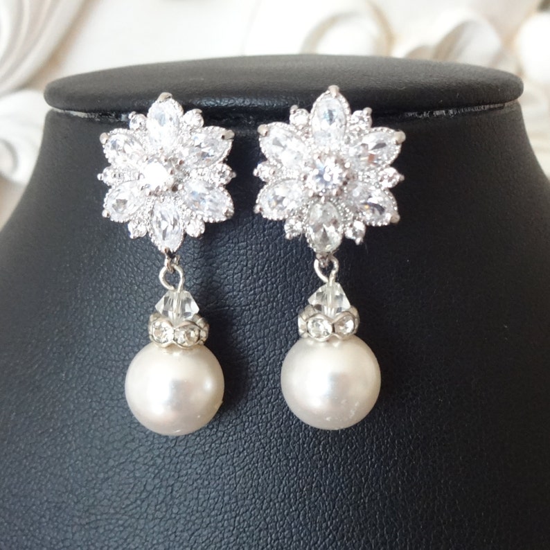 Statement Cubic Zirconia Flower Bridal Stud Earrings Dangly Etsy