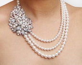Pearl Bridal Necklace, Vintage Bridal Jewelry, Statement Wedding Necklace, Crystal & Pearl Wedding Jewelry, Pearl Wedding Necklace, PAOLA
