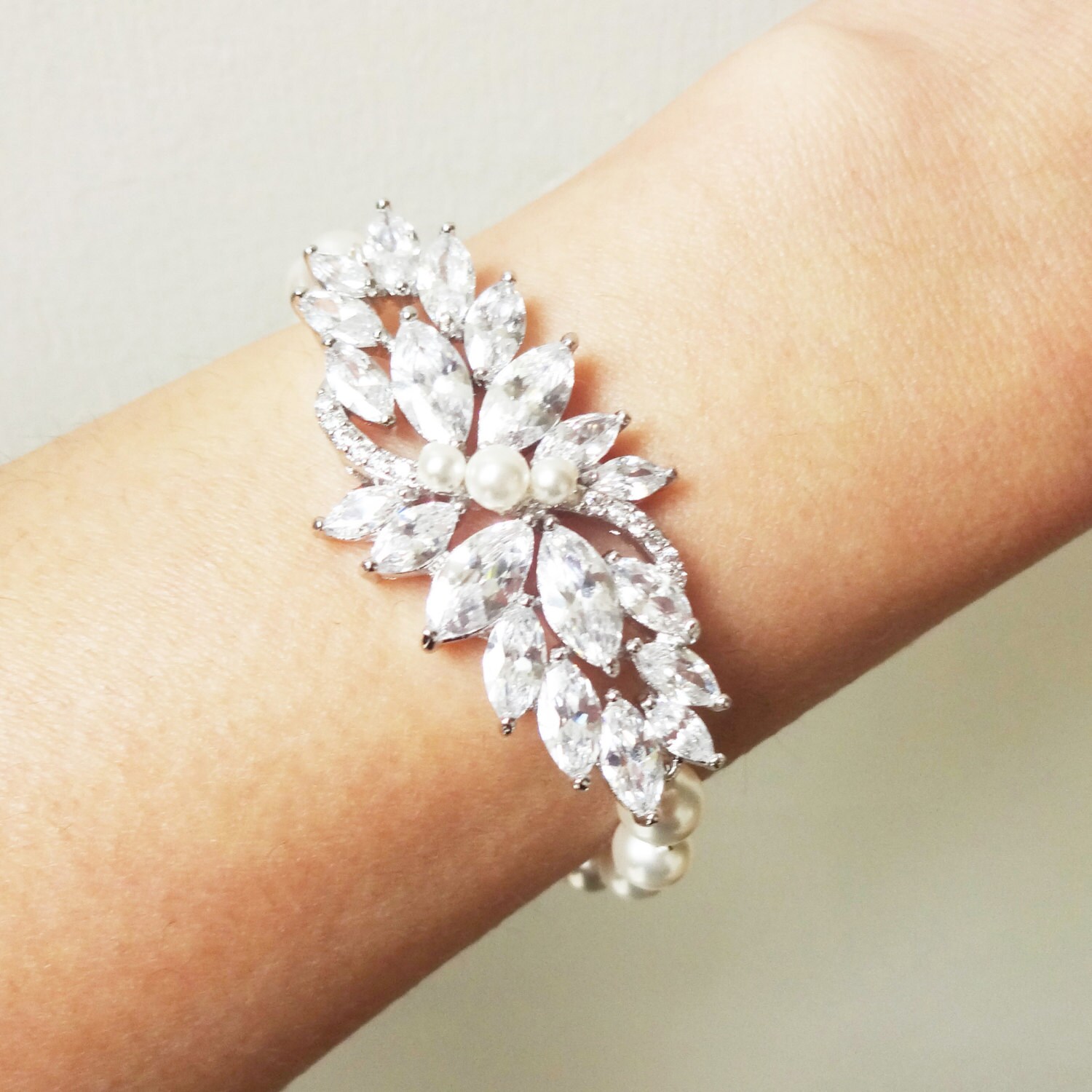 Crystal Statement Bridal Bracelet Cubic Zirconia & Pearl Etsy