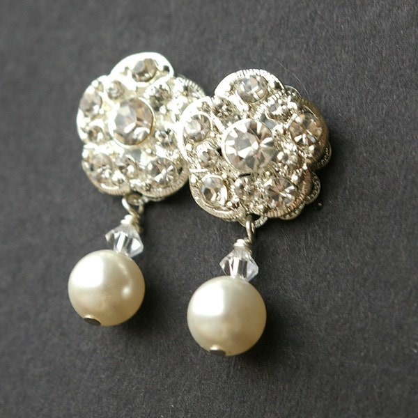 Claire, Rhinestone Flower and Swarovski Pearl Earrings