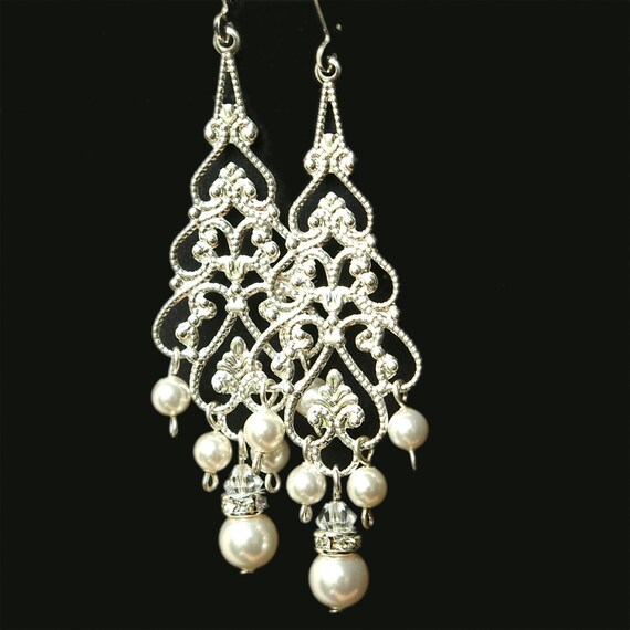 Pearl Chandelier Bridal Earrings Silver Filigree Dangly Image 0