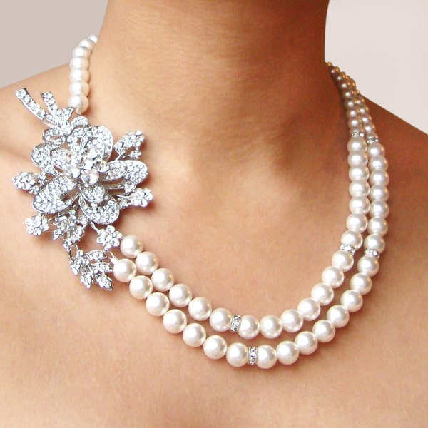 Victorian Bridal Jewelry, Swarovski Pearl Bridal Necklace, Statement Wedding Necklace, Crystal Bridal Jewelry, Pearl Bridal Necklace, DAHLIA