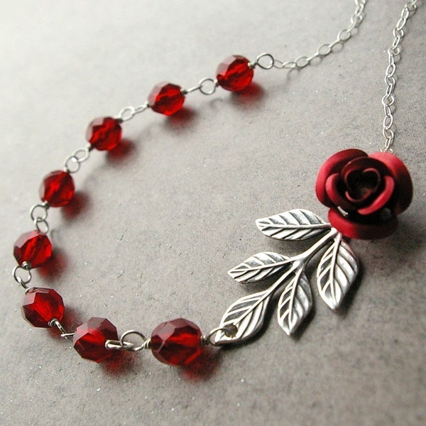Rosalie, Silver Leaves and Red Crystal Necklace