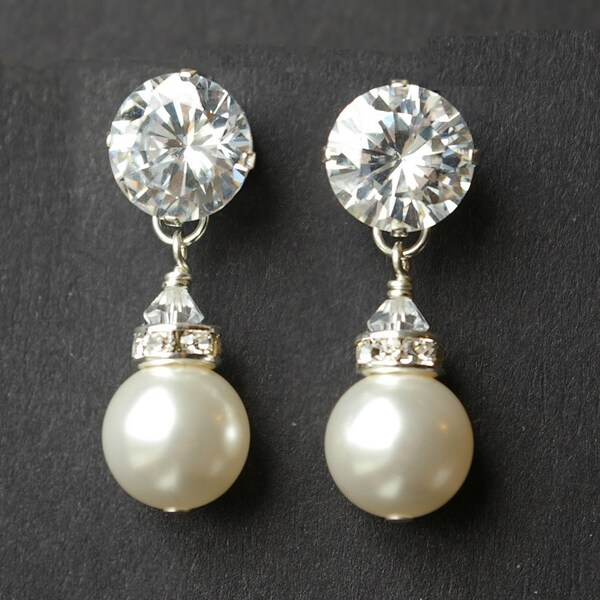 Classic, Rhinestone and Pearl Sterling Silver Earrings (Large)