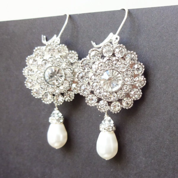 Art Deco Style Bridal Earrings, Crystal & Pearl Dangly Wedding Earrings, Vintage Bridal Jewelry, Silver Wedding Jewelry, VICTORIA