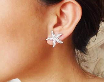 Petite Bridal Starfish Earrings, Crystal Starfish Wedding Earrings, Beach Wedding Bridal Earrings, Destination Wedding Jewelry, SEA MAIDEN