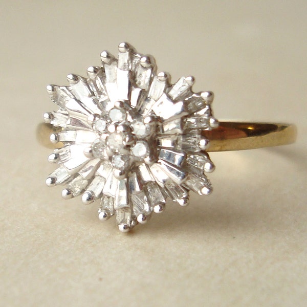 1950's Baguette Diamond Starburst Ring, Vintage Diamond Flower Ring, 9k Gold Size US 7.75