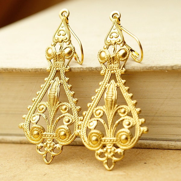 Gold Filigree Earrings, Long Chandelier Earrings, Golden Brass Earrings, Earthy, BOHEMIA