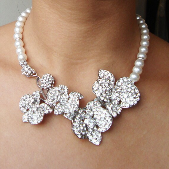 Items similar to Crystal Orchid Wedding Necklace, Vintage Style Wedding ...