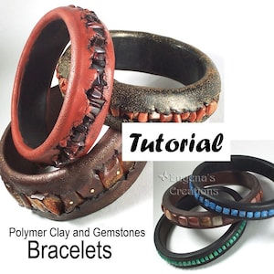 Könnte beinhalten: Drei Armbänder aus Polymer Clay mit Edelstein-Akzenten. Die Armbänder sind in Braun-, Rot- und Schwarztönen gehalten. Die Armbänder sind übereinander gestapelt. Das Bild enthält den Text "Tutorial" und "Eugenia's Creations".