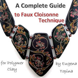 Front page of the Faux Cloisonne in Polymer Clay by Eugena Topina tutorial.  It shows one of my necklaces in this technique with five faux cloisonne beads in Art Nouveau style.  Stylized chrysanthemum design flows over all five beads.