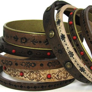 Examples of polymer clay bracelet designs explained in Eugena's Faux Leather Bracelets tutorial.