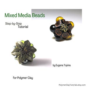 May include: Two polymer clay beads, one with a flower design and the other with a geometric design. Both beads are decorated with gold accents. The beads are for sale on Etsy.
