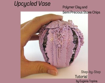 Tutorial: Jarrón de arcilla polimérica reciclada con flores lilas (archivo digital PDF)