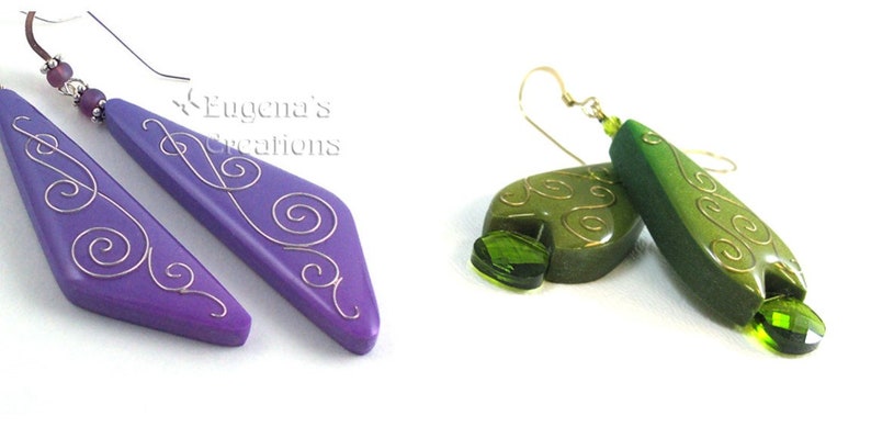Two examples of polymer clay earrings with Faux Cloisonne elements in different colors and with built-in Swarovski crystal beads to demonstrate the possibilities of this technique.