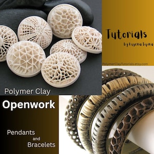 May include: Polymer clay openwork pendants and bracelets are displayed. The round pendants are off-white with detailed geometric patterns. The bracelets are brown and beige, showcasing diverse openwork designs. The image also includes the text "Tutorials by Evgena Topina".