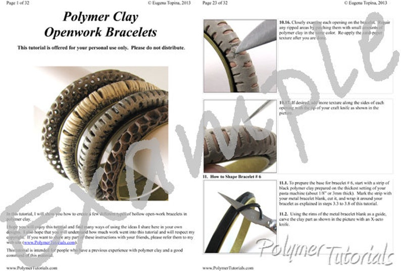 Example pages from Openwork Bracelets polymer clay tutorial by Eugena Topina.