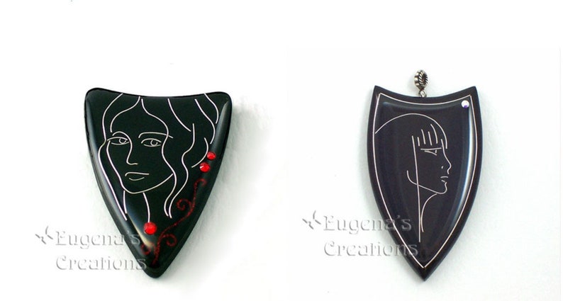 Two examples of polymer clay pendants in Faux Cloisonne techniques with women faces in Art Nouveau style.