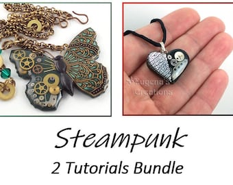 2 TUTORIALS + Bonus Polymer Clay and Resin Steampunk Heart Pendants and Butterfly Necklace, with free instructions for two-part epoxy resin