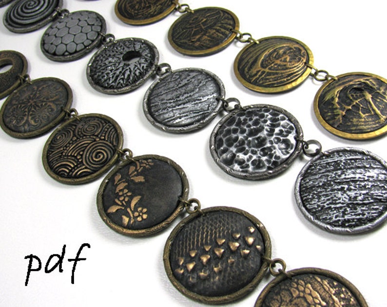 Polymer Clay Tutorial Textures and Metal Look Imitation, front page with three necklaces in different colors.  These necklaces demonstrate various textures that can be created by hand, with commercial stamps, or with found objects.