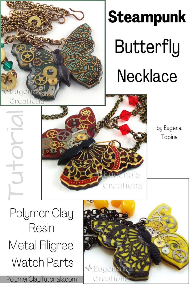 Examples of variations of the Steampunk butterfly necklace described in this step-by-step tutorial for polymer clay and resin.