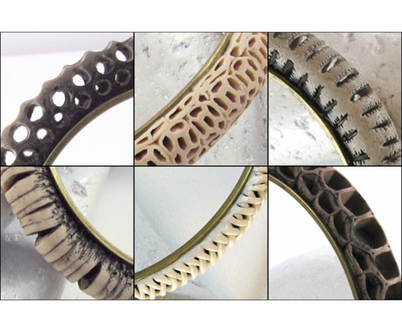 Close-up pictures of all six openwork bracelets demonstrated in this polymer clay tutorial by Eugena Topina.