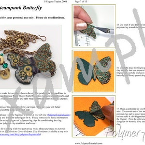 Example pages from step-by-step tutorial for making polymer clay, resin, metal filigree, and watch parts necklace.