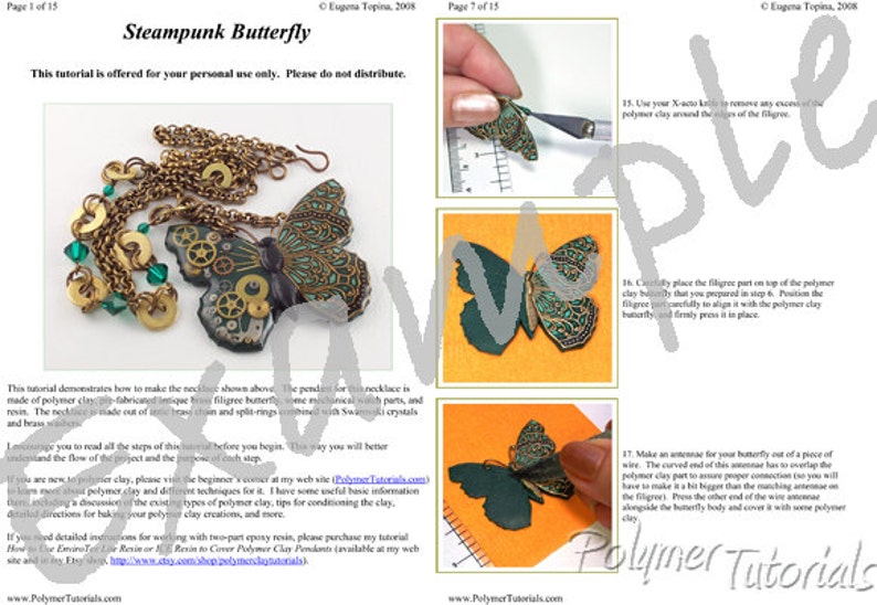 Example pages from step-by-step tutorial for making polymer clay, resin, metal filigree, and watch parts necklace.