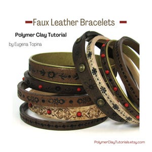 May include: A set of five faux leather bracelets made with polymer clay. The bracelets are brown, beige, and cream with intricate designs and red accents. The bracelets are stacked on top of each other. Polymer Clay Tutorial by Eugenia Topina. PolymerClayTutorials.etsy.com