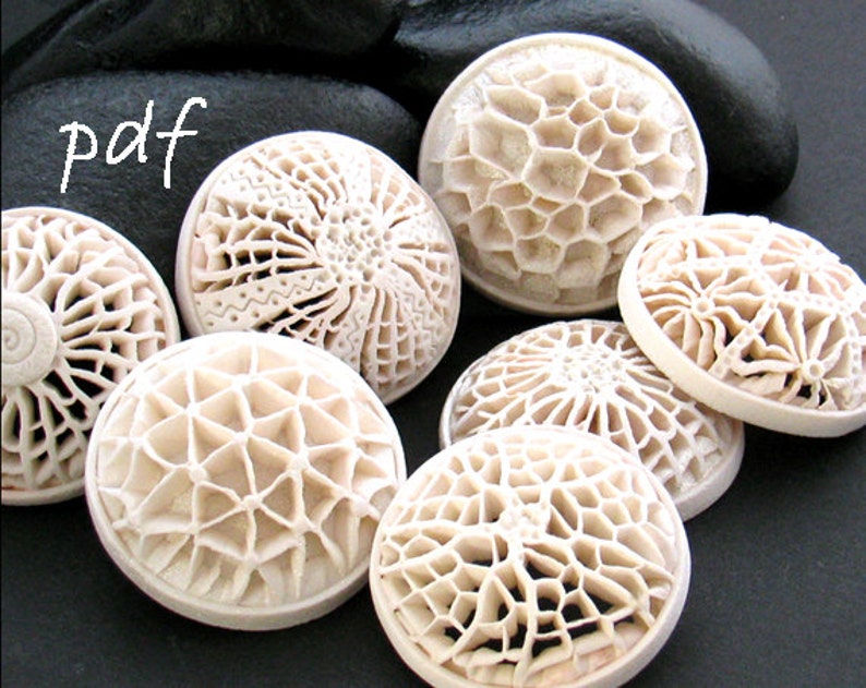 Seven openwork pendants made of white polymer clay, the tutorial cover page.