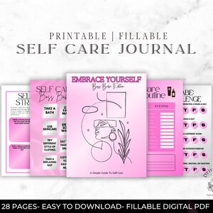 Puede incluir: Diario de cuidado personal imprimible con dise&ntilde;o rosa y negro. El diario incluye secciones para rutinas de cuidado personal, desaf&iacute;os y afirmaciones. El texto de la portada dice "Embrace Yourself, Boss Babe Edition".