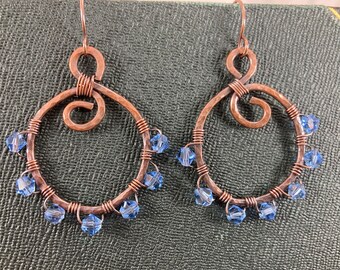 Handmade Round Copper Earrings with Faceted Glass Accents