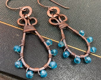 Handmade Copper Earrings with Faceted Glass Accents