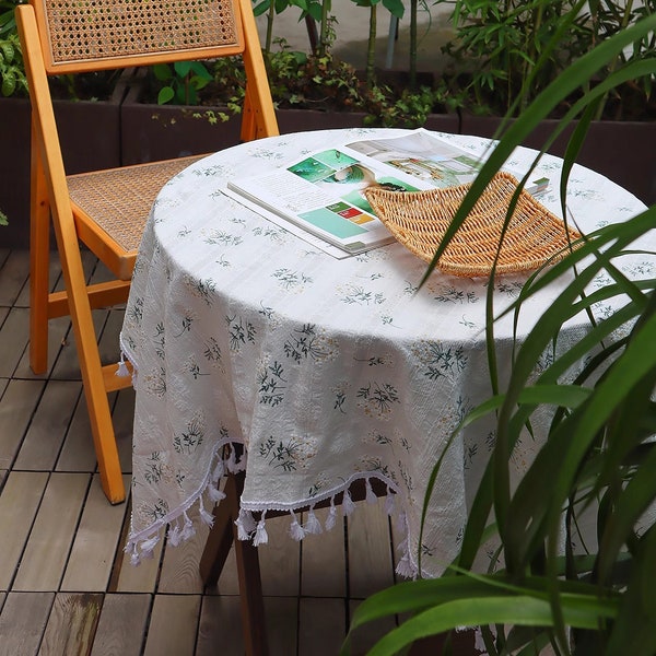 Floral Cotton Tablecloth, Botanical County Style Tablecloth with Tassels, Bohemia Floral Tablecloth, Retro Tablecloth, Farmhouse Table Cover