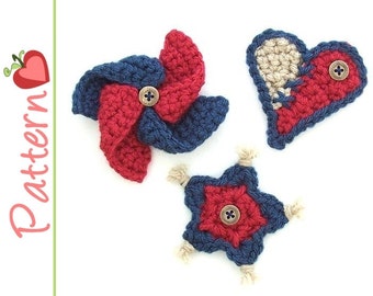 Folk Art Americana Appliques Crochet Patterns pdf, Pinwheel, Patchwork Heart, Tasseled Star