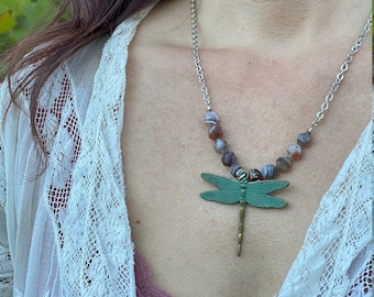 Botswana agate Dragonfly Meadow Chain Necklace