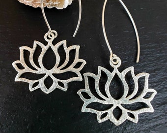 Modern Brass Lotus Long Earrings Bright Silver or Gold