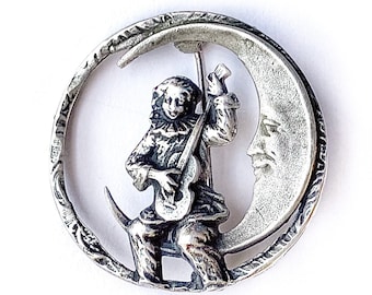 Art Deco, moon brooch, man playing guitar, antique pin, Pierrot clown.