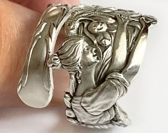 Antique sterling silver spoon ring. Woman Apple picking. Mayer Brothers