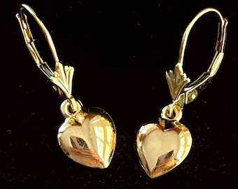 14k Gold Heart earrings. Drop, lever back.