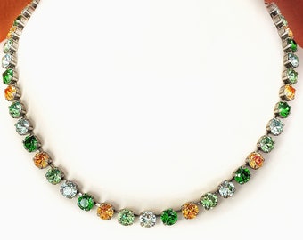 Anna Wintour Swarovski crystal necklace. Emerald green, peridot, topaz, Georgian collet style. Tennis necklace. Statement necklace