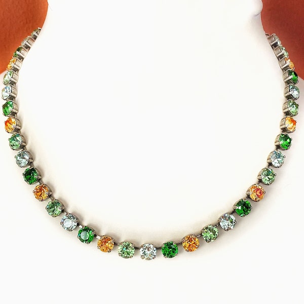 Anna Wintour Swarovski crystal necklace. Emerald green, peridot, topaz, Georgian collet style. Tennis necklace. Statement necklace