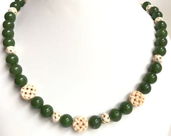 Jade, necklace, earring set. Carved bone beads. Asian style.