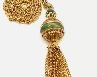 Vintage Tassel necklace, Jade stone, chain gold toned