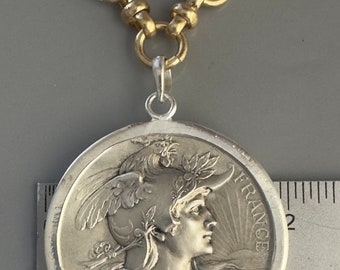 Art Nouveau pendant necklace, Large French Marianne medal on  chain. Bronze Paris